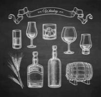 Whiskey Sammlung. Kreide skizzieren auf Tafel Hintergrund. Hand gezeichnet Vektor Illustration. retro Stil.