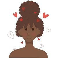 Liebe du selber Konzept. schwarz Mädchen Frau mit Herzen im ihr Haarausfall im Liebe. Liebe Ihre Körper Konzept. vektor