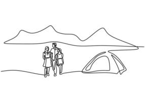 eine Strichzeichnung von Familiencamping. Vater, Mutter, Tochter und Sohn machen ein Picknick mit einem Zelt im Freien. Urlaubszeit Camping verbringen. Urlaub in der Natur. Minimalismus Stil. Vektorillustration vektor