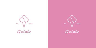 illustration av en minimalistisk gelato logotyp kreativ aning ikon vektor symbol platt, enkel, monoline silhuetter av mjölk, is grädde, och kall rosa drycker rena, elegant snabb mat. skopa, kon, fruktglass