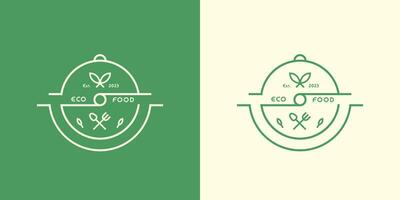 Öko-Lebensmittel Logo Design Illustration eben Symbol Vektor Symbol einfach Briefmarke Etikette Gabel Löffel Gericht frisch Natur elegant minimalistisch Linie kreativ Idee organisch Küche Cafe Blatt Mittagessen Abendessen Kantine