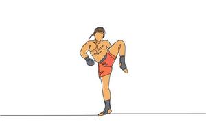 einzelne fortlaufende Linienzeichnung eines jungen sportlichen Mannes, der Thai-Boxen im Fitness-Club-Center trainiert. kämpferisches muay thai sportkonzept. Wettkampfveranstaltung. trendige einzeilige zeichnen design-vektorillustration vektor