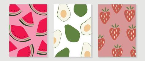 frisch Obst Mauer Kunst Hintergrund Vektor Satz. minimal Zeichnung tropisch Obst Muster von Wassermelone, Avocado und Erdbeere. Frühling und Sommer- Jahreszeit Design zum Zuhause Dekor, Innere, Hintergrund, Stoff.