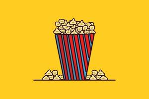 popcorn i popcorn packa vektor illustration. film bio ikon begrepp. mellanmål mat. stor röd blå remsa låda med popcorn vektor design med skugga på gul bakgrund.