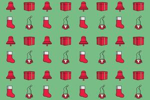 uppsättning av jul firande objekt sömlös mönster bakgrund. samling av santa claus, strumpor, gåva låda och klocka vektor illustration. färgrik jul bakgrund mönster.
