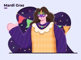 platt illustration av mardi gras dag person i mask, mardi gras karneval, firar mardi gras dag festival, mardi gras fest, fet tisdag, shrove tisdag, pannkaka tisdag, parader. vektor