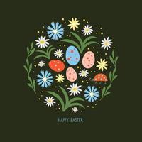 Lycklig påsk. klotter illustration med skog blommor, löv, nyckelpiga, påsk ägg och hand text. vår ornament.vektor vektor