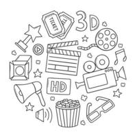 Kino, Film Gekritzel Satz. Film Elemente im skizzieren Stil. Kamera, Film Streifen, Popcorn, Klappe, Fahrkarte. Hand gezeichnet Vektor Illustration isoliert auf Weiß Hintergrund.