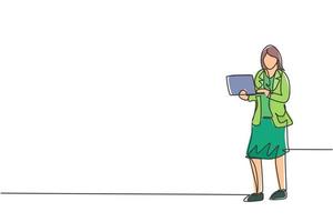 Kontinuierliche einzeilige Zeichnung einer jungen Arbeiterin, die steht, während sie den Laptop zum Tippen hält. erfolgsgeschäftsführer. minimalistisches Konzept. trendige Single-Line-Draw-Design-Vektorgrafik-Illustration vektor