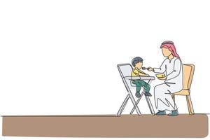 Eine einzige Strichzeichnung eines jungen islamischen Vaters, der seinem Kleinkind auf der Vektorgrafik des Esstisches Essen gibt. glückliches arabisches muslimisches familienerziehungskonzept. modernes Design mit durchgehender Linienführung vektor