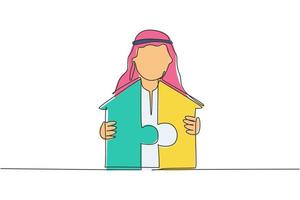 kontinuerlig en radritning ung stilig arabisk manlig arbetare förena pusselbit för att bygga hus. framgång affärsstrategi minimalistiska koncept. trendig enkel linje rita design vektor grafisk illustration