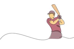 enda kontinuerlig linjeritning av ung smidig man cricketspelare öva slå bollen på fältet vektorillustration. sport träning koncept. trendig one line draw design för cricket marknadsföringsmedia vektor