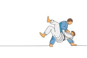 en kontinuerlig linjeteckning av två unga sportiga män som tränar judoteknik i sporthallen. jiu jitsu kamp kamp sport konkurrens koncept. dynamisk en rad rita grafisk design vektorillustration vektor