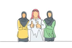 en kontinuerlig linje ritning av unga muslimska företagsteammedlemmar som ställer upp medan de ger tummen upp gest. islamiska kläder shemag, halsduk, keffiyeh, hijab. enkel linje rita design vektor illustration