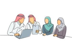 Eine einzige Strichzeichnung eines jungen, glücklichen muslimischen Geschäftsmannes, der das Deal-Projekt zusammen bespricht. saudi-arabien tuch shmag, kandora, kopftuch, thobe, hijab. durchgehende Linie zeichnen Design-Vektor-Illustration vektor