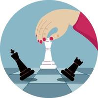 kvinna hand innehav vit drottning figur. kvinna spelar schack. schackmatt, företag Framgång, strategi begrepp. vektor platt illustration i cirkel.