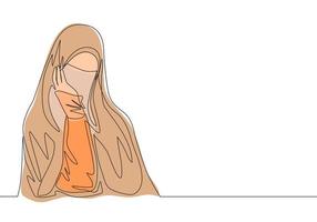 enda kontinuerlig linje teckning av ung skönhet mitten öst muslim bär burka med huvud scarf. traditionell skön muslim kvinna niqaab med hijab begrepp ett linje dra design vektor illustration