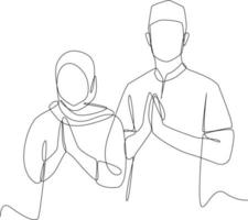 Single einer Linie Zeichnung Ramadan Schöne Grüße mit Paar von Muslim. Ramadan Konzept. kontinuierlich Linie zeichnen Design Grafik Vektor Illustration.
