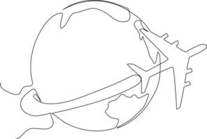 kontinuierlich einer Linie Zeichnung Flugzeug und Globus. Welt Reisender Konzept. Single Linie zeichnen Design Vektor Grafik Illustration.