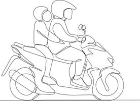 kontinuerlig ett linje teckning Lycklig familj ridning motorcykel. säkerhet rida begrepp. enda linje dra design vektor grafisk illustration.