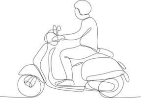 kontinuierlich einer Linie Zeichnung glücklich Mann Reiten Jahrgang Motorrad auf das Straße mit Helm. Sicherheit Reiten Konzept. Single Linie zeichnen Design Vektor Grafik Illustration.