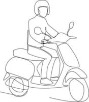 kontinuerlig ett linje teckning Lycklig man ridning årgång motorcykel på de väg använder sig av hjälm. säkerhet rida begrepp. enda linje dra design vektor grafisk illustration.