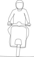 kontinuerlig ett linje teckning Lycklig man ridning årgång motorcykel på de väg använder sig av hjälm. säkerhet rida begrepp. enda linje dra design vektor grafisk illustration.