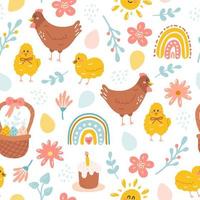 påsk sömlös mönster med en korg av ägg, kycklingar, blommor och regnbåge. vektor Semester bakgrund