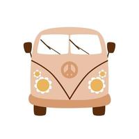 retro 70s buss. häftig buss. hippie årgång bil en mini skåpbil. pastell hand dragen buss med blommor kraft isolerat grafisk element. skraj sjuttiotalet vektor illustration. retro husvagn. tecknad serie bohemisk bil.