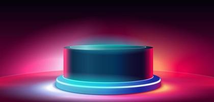 abstrakt dunkel Blau Zylinder Sockel Podium. Sci-Fi abstrakt Zimmer Konzept mit glühend Neon- Kurve Beleuchtung Linie. Vektor Rendern 3d Hintergrund, Attrappe, Lehrmodell, Simulation Produkt Anzeige.