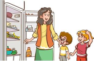 Familie suchen beim Essen mit das Kühlschrank Tür öffnen vektor