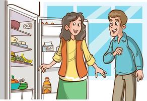 Familie suchen beim Essen mit das Kühlschrank Tür öffnen vektor