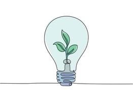 Eine durchgehende Strichzeichnung einer sauberen Glühbirne mit grüner Bio-Blatt-Pflanze im Symbol-Logo-Emblem. Ökologie sicheres Symbol Logo Vorlage Konzept. moderne grafische Darstellung des einzeiligen Draw-Designs vektor