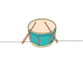 eine einzige Strichzeichnung einer kleinen Trommel mit Trommelstöcken. Percussion-Musikinstrumente-Konzept. Dynamische durchgehende Linie zeichnen Design-Grafik-Vektor-Illustration vektor