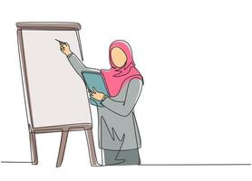 en kontinuerlig linjeteckning av ung muslimsk affärskvinna kvinnlig gör affärspresentation medan teammöte vid blädderblock. islamiska kläder hijab och slöja. enkel linje rita design vektor illustration