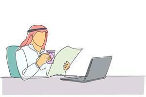 Eine einzige Strichzeichnung eines jungen muslimischen Geschäftsmannes, der Nachrichten in Zeitungen und Internet liest, während er eine Büropause einlegt. islamische Kleidung Shemag, Kandura, Schal. Designillustration mit durchgehender Linie zeichnen vektor