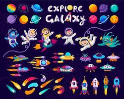 tecknad serie barn astronaut i Plats, planet och raket vektor