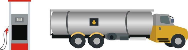 Tanker Gas LKW liefern Treibstoff beim Bedienung Bahnhof, Treibstoff Tanker LKW Treiber bekommen Benzin zum seine enorm Fahrzeug beim klein Gas Bahnhof vektor