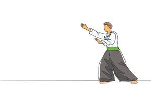 Eine einzige Strichzeichnung eines jungen, energiegeladenen Mannes, der Kimono-Übungs-Aikido-Technik in der Vektorgrafik der Sporthalle trägt. Sportkonzept für einen gesunden Lebensstil. modernes Design mit durchgehender Linienführung vektor