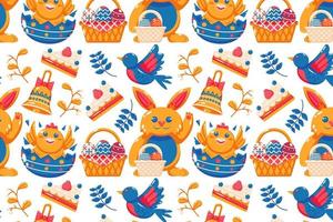 glücklich Ostern Muster. Hase, Küken, Vögel, Kuchen, Glocken und Ei Korb vektor