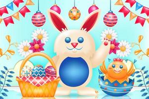 glücklich Ostern Tag. 3d Illustration von Kaninchen, Ei Körbe und Küken