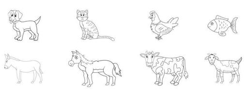 einstellen von Haustiere einschließlich ein Katze, Hund, Henne und andere inländisch Tiere isoliert auf ein Weiß Hintergrund Vektor Illustrationen.