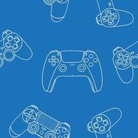 Nahtloses Muster von Gamecontrollern. Vektor-Illustration im handgezeichneten Umriss flachen Stil auf blauem Hintergrund vektor