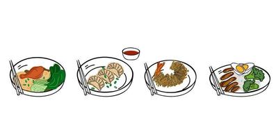 japansk mat uppsättning, gedze, räka, ris med kyckling och grönsaker vektor