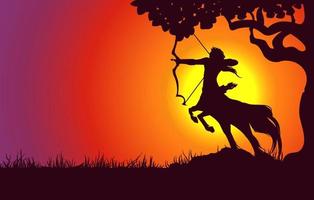 horoskop symbol Nästa till träd silhuett på solnedgång landskap bakgrund. vektor eps 10