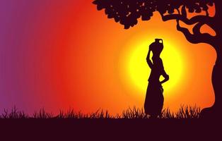 Horoskop Symbol Nächster zu Baum Silhouette auf Sonnenuntergang Landschaft Hintergrund. Vektor eps 10