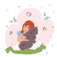 Mädchen umarmen ein flauschige Katze. Katze Liebe. Vektor Illustration zum National Haustier Monat.