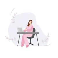 ha på sig pyjamas till arbete dag. kontor arbetstagare i Bra humör. april händelse. vektor illustration. kvinna i pyjamas med kopp av kaffe arbetssätt i kontor .