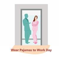 ha på sig pyjamas till arbete dag. kontor arbetare i Bra humör. april händelse. vektor illustration. man och kvinna i pyjamas gående till arbete. tecknad serie företag människor i hiss med öppen dörrar.