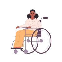 jung schwarz Frau im Rollstuhl. weiblich Charakter mit ein physisch Behinderung. vektor